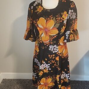 Elegant Floral Midi Dress in Black and Orange Vtg Caterina